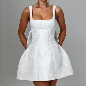 Square-Neck White Textured Mini Dress with Bow Back